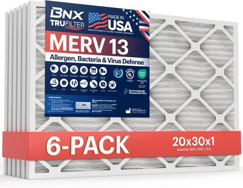 BNX TruFilter 20 x 30 x 1 filtro de aire MERV 13 (paquete de 6) - HECHO EN EE. UU. - Filtros electrostáticos plisados para aire acondicionado HVAC