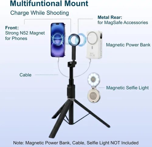 Miniatura 3 de Trípode magnético de 67 pulgadas para MagSafe, trípode alto para selfie stick con control remoto, cabeza inclinable grande, trípode de viaje