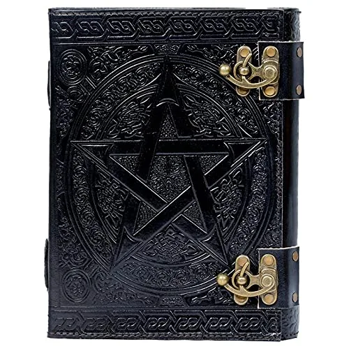 Miniatura 5 de QualityArt 10" Fat Leather Journal Large 600 Pages Black Pentacle Grimoire Book of Shadow Leather Notebook Journal Blank Handmade Book Sketchbook