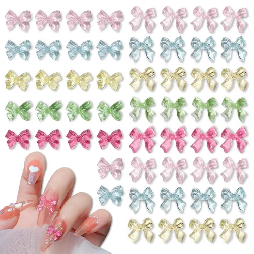 Miniatura 11 de CYHYII - Lazos 3D para arte de uñas, lazos coloridos mezclados con pajarita roja, verde, azul, diamantes de imitación para uñas, parte trasera