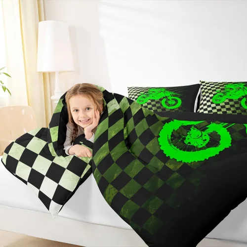 Miniatura 6 de Juego de edredón de motocross para niños, tamaño individual, juego de ropa de cama de motociclista de motocross, edredón a cuadros de búfalo blanco