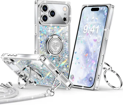 Miniatura 49 de XYZ Funda para iPhone 13, con purpurina brillante con soporte de corazón de 2 anillos y cordón, funda protectora a prueba de golpes con diamantes