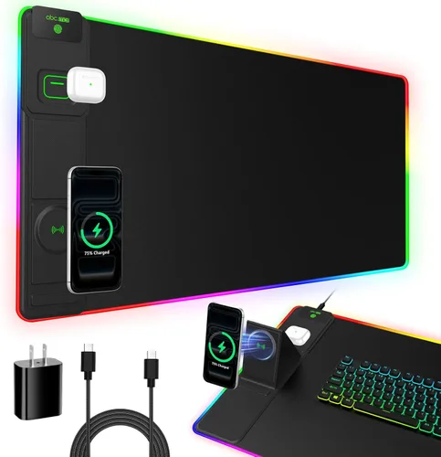 Miniatura 14 de Wireless Charging Mouse Pad with Foldable Phone Holder, 31.5"x15.8" Large Desk Mat for Laptop/Keyboard, Waterproof Ultra-Smooth Surface, Non-Slip