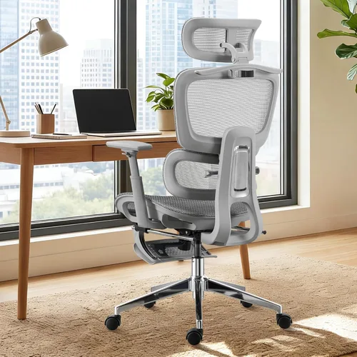 Miniatura 5 de Silla de oficina ergonómica, silla de escritorio de malla para el hogar, cómoda silla de juegos con reposapiés, ruedas, reposacabezas 2D ajustable