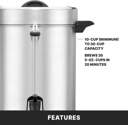 Miniatura 4 de Waring Urna de café comercial, percolador eléctrico de acero inoxidable con capacidad de 30 tazas, sistema de calentador dual para cocinas