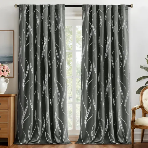 Miniatura 47 de Yakamok Cortinas opacas de 84 pulgadas de largo para sala de estar, con aislamiento térmico, patrón de líneas onduladas doradas, patrón de puntos
