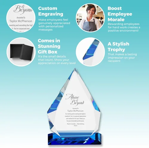 Miniatura 5 de Baudville Premio de trofeo de cristal luminario grabado personalizado - Destacados azules - Viene con elegante caja de regalo negra Lágrima