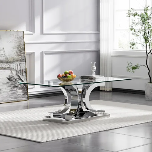 Miniatura 105 de Mesa de centro de cristal de lujo, mesa de centro de sofá de 47 pulgadas con marco de acero inoxidable dorado y parte superior de vidrio negro, mesa