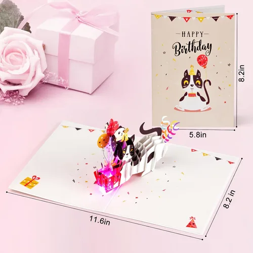 Miniatura 4 de Tarjetas de cumpleaños, tarjeta de feliz cumpleaños ligera y música, divertida tarjeta de felicitación de cumpleaños de gato desplegable en 3D