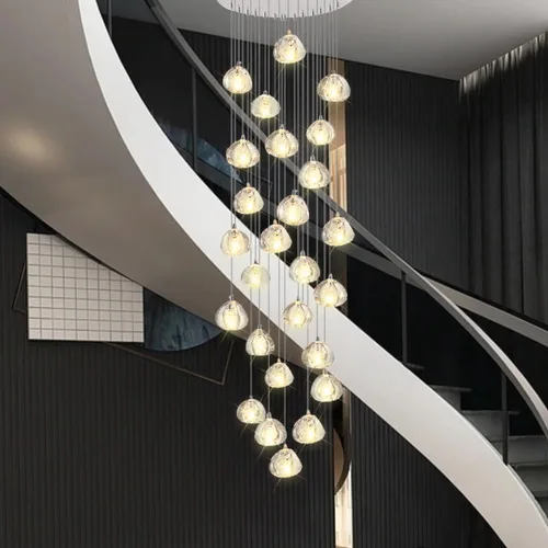 Miniatura 12 de Candelabro de cristal LED moderno, lámpara colgante de gota de lluvia, lámpara de techo de bola de cristal, 14 luces para escalera, sala de estar