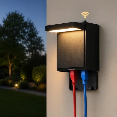 Miniatura 9 de Nigaut Luz de porche del atardecer al amanecer con salida GFCI, moderna lámpara LED de pared para exteriores con toma incorporada, aplique