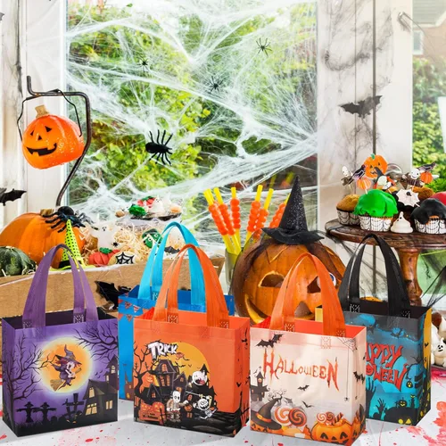 Miniatura 5 de Sweetude 50 bolsas de Halloween con asas, bolsas no tejidas para envolver regalos, suministros de fiesta, 7.9 x 7.9 x 3.15 pulgadas (espeluznantes)