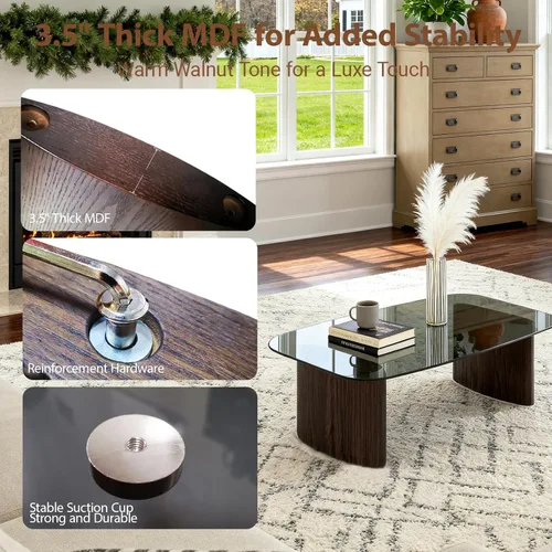 Miniatura 3 de Mesa de centro moderna de cristal, mesa de centro para sala de estar, tapa de vidrio templado con base de madera resistente, mesas de centro Nogal