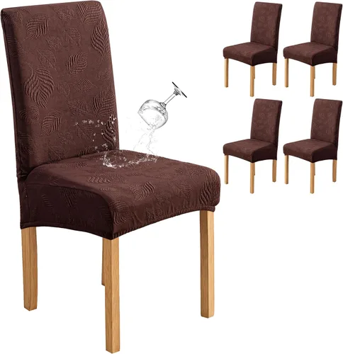 Miniatura 36 de Genina Juego de 2 fundas impermeables para sillas de comedor, fundas elásticas para sillas de comedor con hojas jacquard, protectores extraíbles