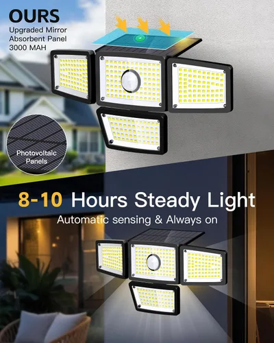 Miniatura 2 de Lámpara Solar con Sensor de 4 Cabezales, Luces Exteriores con Sensor de Movimiento 3000LM, 283 LED, 6500 K, Sensor de Movimiento, IP65 Impermeable