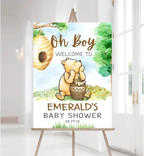 Miniatura 18 de Letrero de bienvenida personalizado de Pooh, cartel de bienvenida al baby shower, baby shower de oso Pooh, revelación de género, decoraciones