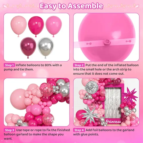 Miniatura 7 de Kit de arco de guirnalda de globos de princesa rosa y plateado, 143 unidades, confeti rosa intenso, estrella 4D, bola de discoteca, globos de corona