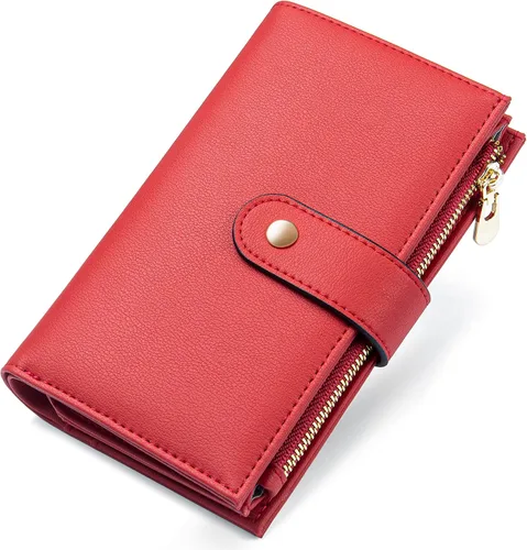 Miniatura 11 de yiijay Cartera para mujer con bloqueo RFID, de cuero vegano, triple pliegue, tarjetero para tarjetas de crédito, cartera de viaje con soporte