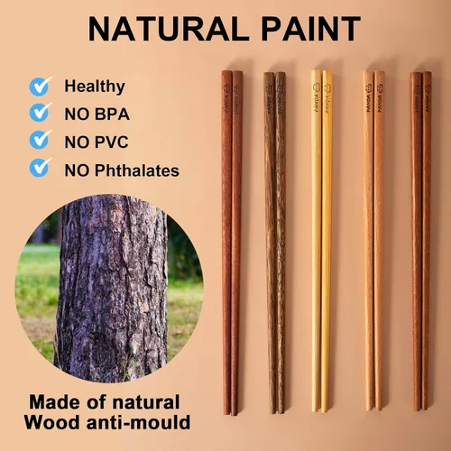 Miniatura 3 de MFJUNS Juego de 5 pares de palillos de madera, palillos reutilizables grabados con panda, palillos de palisandro/wengué/haya/madera de hierro, sin