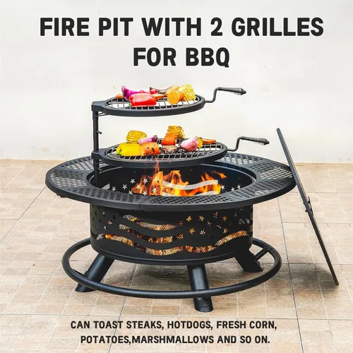 Miniatura 2 de Panovue - Fogata de 36 pulgadas con 2 rejillas de cocina, parrilla de acero redonda para leña al aire libre, con tapa, para barbacoa, fogata, pícnic