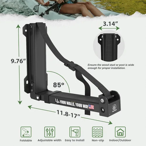 Miniatura 7 de GanFindX Estante de pared plegable para kayak, resistente de 11.8 a 17 pulgadas, soporte de almacenamiento de kayak y correas de hebilla de Negro