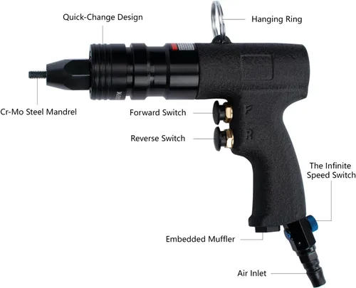 Miniatura 4 de Kit de herramientas de tuerca de remache de aire, pistola de remache neumática con mandriles de 1/4", 5/16" y 3/8