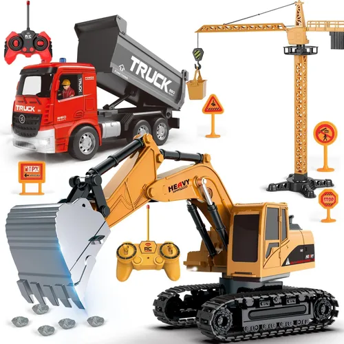 Juego de juguetes de excavadora y camión volquete a control remoto – Excavadora RC y camión volquete con luces y sonidos – Coche excavador
