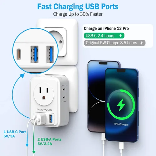 Miniatura 2 de Paquete de 2 adaptadores de enchufe de viaje europeos con USB C, adaptadores de corriente de Estados Unidos a Europa con 4 salidas de CA, 3 puertos