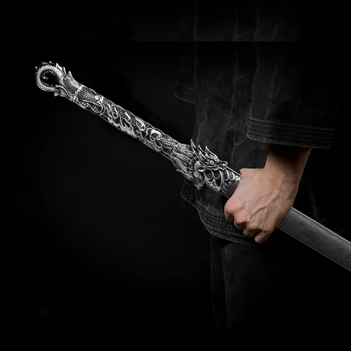 Miniatura 2 de Espada china de la dinastía Tang Dao de acero al carbono, hoja recta afilada, katana con patrón de dragón, funda Negro