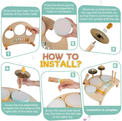 Miniatura 6 de Juego de batería Montessori para niños pequeños de 1 a 3 años, kit de batería de madera para bebé con xilófono, juguetes de música preescolar