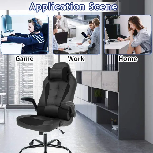 Miniatura 7 de Silla ergonómica para videojuegos, silla de escritorio de oficina con respaldo alto y soporte lumbar ajustable, reposabrazos abatibles y Negro