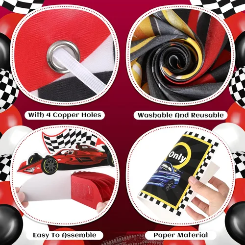 Miniatura 7 de Kit de decoración de fiesta de cumpleaños de auto de carreras para niños, cartel de feliz cumpleaños, telón de fondo de carreras con temática