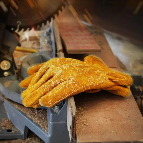Miniatura 7 de OZERO Guantes de trabajo de piel de vaca con agarre flexible para cortar madera, construcción, conducción de camiones, jardín/patio para trabajo Oro
