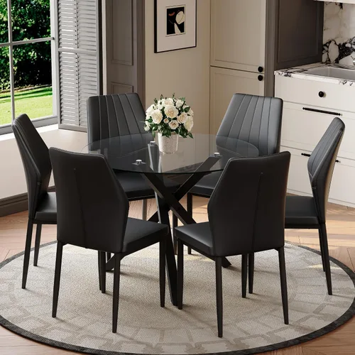 Miniatura 21 de Juego de mesa de comedor redonda para 6, juego de mesa de comedor de vidrio de 39 pulgadas con base de metal ajustable dorada en forma de X y 6