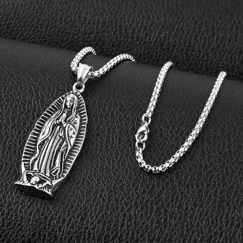 Miniatura 3 de HZMAN Collar colgante de acero inoxidable con cadena de trigo de acero inoxidable con cadena de trigo de Nuestra Señora de Guadalupe