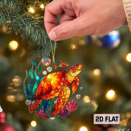 Miniatura 4 de Adorno Colgante Plano 2D de Vidrio Manchado Falso de Tortuga de Acrílico, Adorno de Tortuga Marina, Adornos de Tortuga para Árbol de Navidad, Regalo