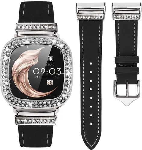 Miniatura 9 de Correa de cuero compatible con Fitbit Sense 2/Versa 4 para mujeres, elegante correa de cuero con hebilla metálica en forma de D con strass con funda
