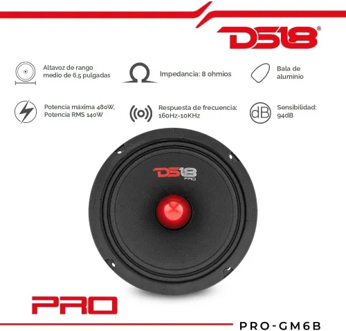 Miniatura 2 de DS18 PRO-GM8B - Altavoz de 8 pulgadas, rango medio, bala de aluminio roja, 580 W máximo, 190 W RMS, 8 ohmios, altavoces de puerta de audio de alta