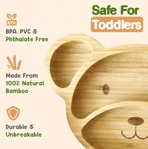 Miniatura 5 de Platos de bambú para niños - Platos para bebés y niños pequeños con succión para alimentación y destete, diseño de oso ecológico que promueve