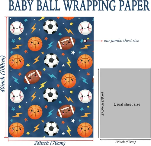 Miniatura 6 de SaringSwoon Papel de regalo para baby shower para niños y niños, papel de regalo de pelota deportiva azul con diseño de baloncesto, fútbol, béisbol