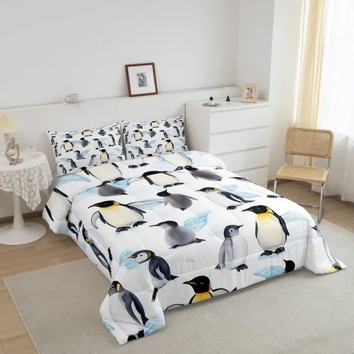 Miniatura 3 de Erosebridal Juego de ropa de cama de pingüinos de dibujos animados, tamaño matrimonial, juego de edredón de pingüinos lindos y divertidos, juego