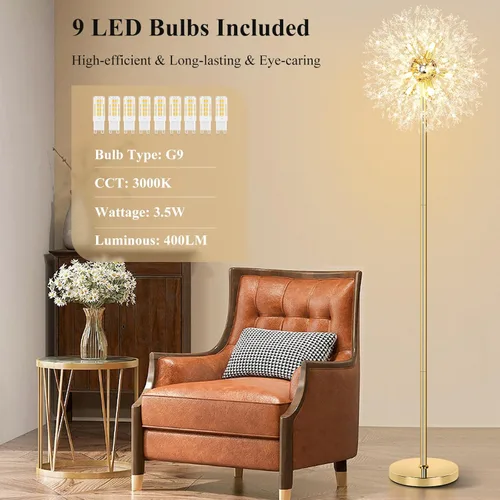 Miniatura 4 de BesLowe Lámpara de pie de cristal de 69 pulgadas para sala de estar, lámpara de pie moderna con 738 cristales K9, lámpara alta para dormitorio