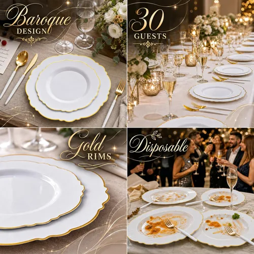 Miniatura 10 de WDF - Vajilla de plástico desechable para 30 invitados platos color oro y cubiertos color oro con mango blanco - Vajilla de plástico barroco blanco