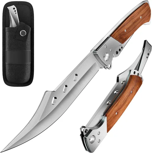 Grand Way Cuchillo plegable de hoja larga – Cuchillos afilados para caza, senderismo, campamento, supervivencia táctica y trabajo para hombres y