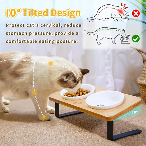 Miniatura 2 de Cuencos elevados de cerámica para gatos con inclinación de 10°, antivómitos y bigotes, cuencos para alimentos y agua con soporte de bambú
