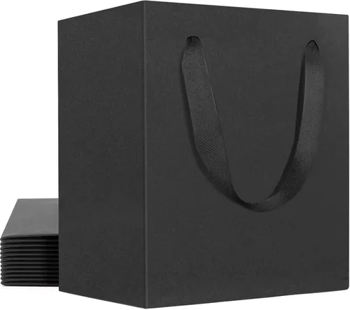 EUSOAR Pequeñas bolsas negras para envolver regalo, paquete de 12 bolsas de papel kraft de 4 x 2.75 x 4.5 pulgadas con asas, bolsas resistentes para