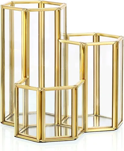 Miniatura 10 de Hipiwe Porta brochas de maquillaje de vidrio, 3 ranuras espejadas, organizador de brochas de cosméticos doradas, vitrina, caja de almacenamiento