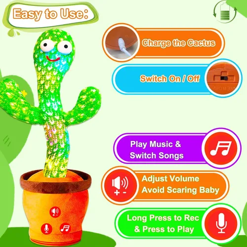Miniatura 7 de Juguetes recargables para bebés, juguete de cactus que habla y baila para bebé, volumen ajustable, canto, imitación, repetición, juguetes infantiles