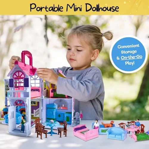 Miniatura 6 de Liberty Imports Mi Hermosa Casa de Muñecas Fold and Go Pretend Play Mini Casa de Muñecas Plegable con Juego de Bolsillo, Figuras de Familia