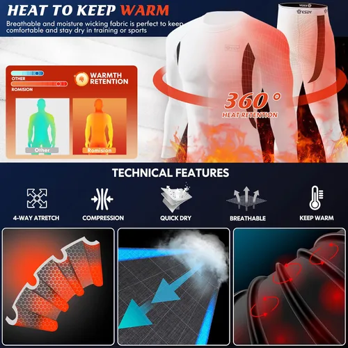 Miniatura 2 de romision Thermal Underwear for Men 2 Pack Long Johns Fleece Lined Hunting Gear Bottom Top Set Base Layer Cold Weather XS-4XL